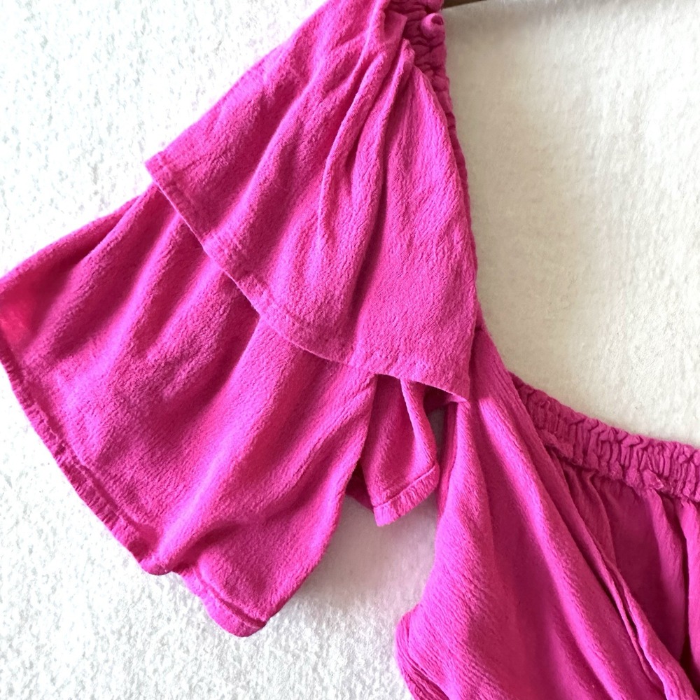 Meshki M Medium Aaliyah Tie-Front Crop Top Hot Pink Off Shoulder Poet Peasant - Picture 2 of 13